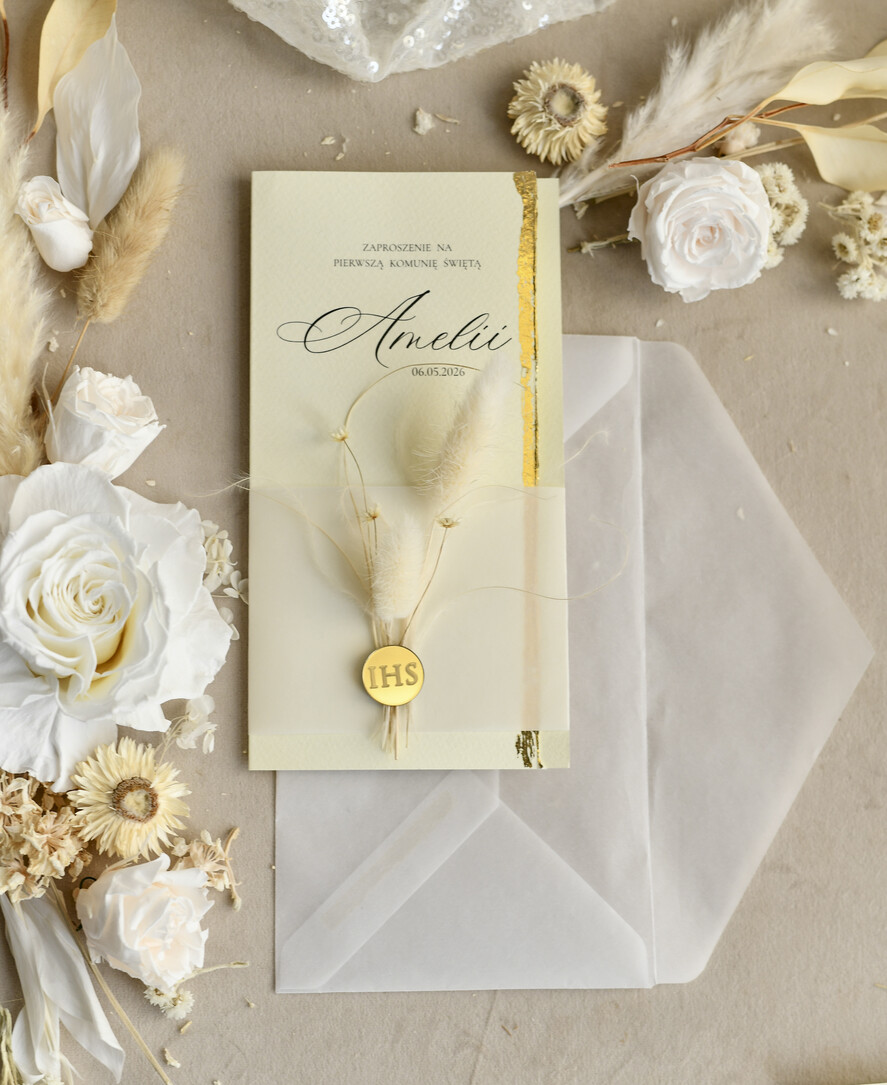 Zaproszenia na Komunię  dziewczynka  Podłużne różowe złocone zaproszenia na Komunię nowoczesne  Zaproszenia komunijne personalizowane0