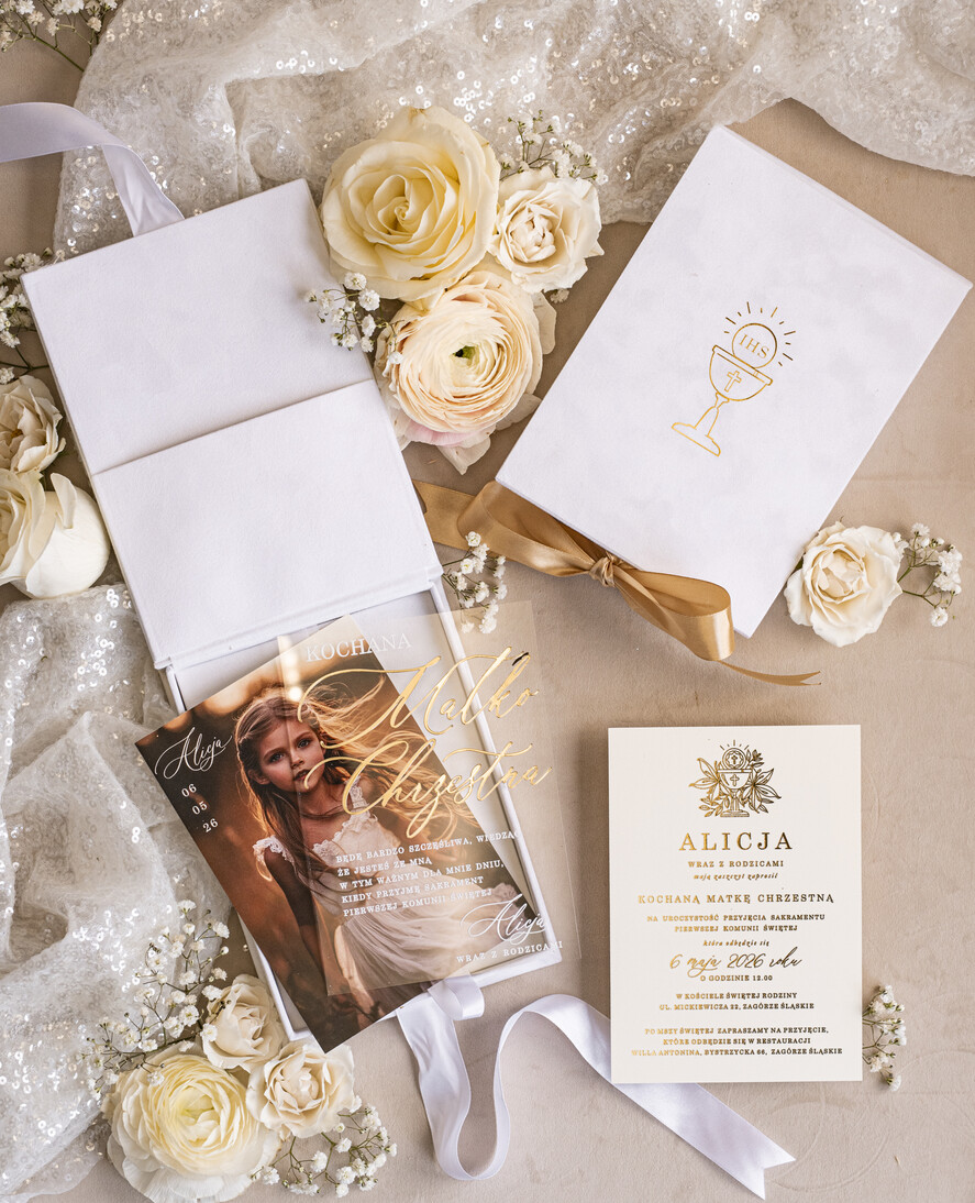 Zaproszenia na Komunię  dziewczynka  Eleganckie zaproszenia na Pierwszą komunię dla Matki Chrzestnej, wyjątkowe zaproszenia na komunię dla Rodziców  chrzestnych, Zaproszenie Vip dla Baci i Dziadka18