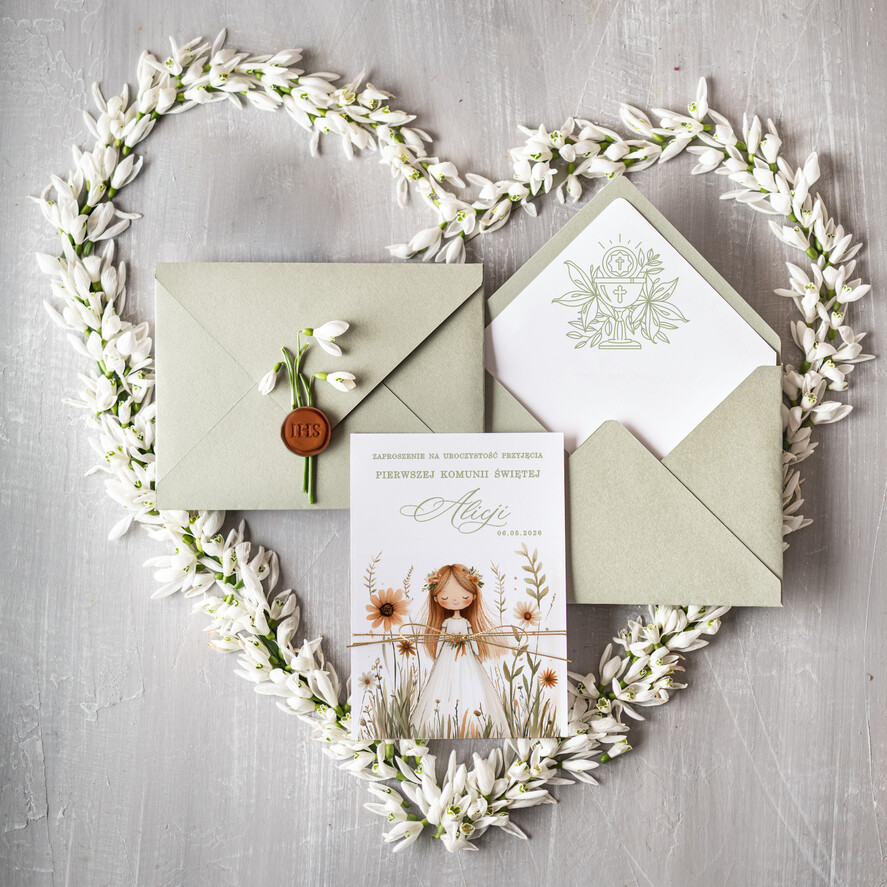 Zaproszenia na Komunię  dziewczynka  personalizowane zaproszenia Komunijne proste zaproszenie na komunię dla dziewczynki zaproszenia na komunię ze sznurkiem1
