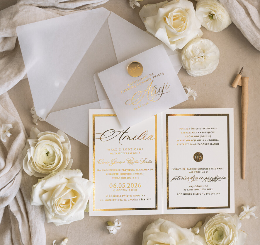 Zaproszenia na Komunię dla Dziewczynki dziewczynka  Złote Zaproszenia Komunijne Dla Dziewczynki, Zaproszenia Na Pierwszą Komunię ,Złote Zaproszenie Na Komunię, Składane złote zaproszenia komunijne1