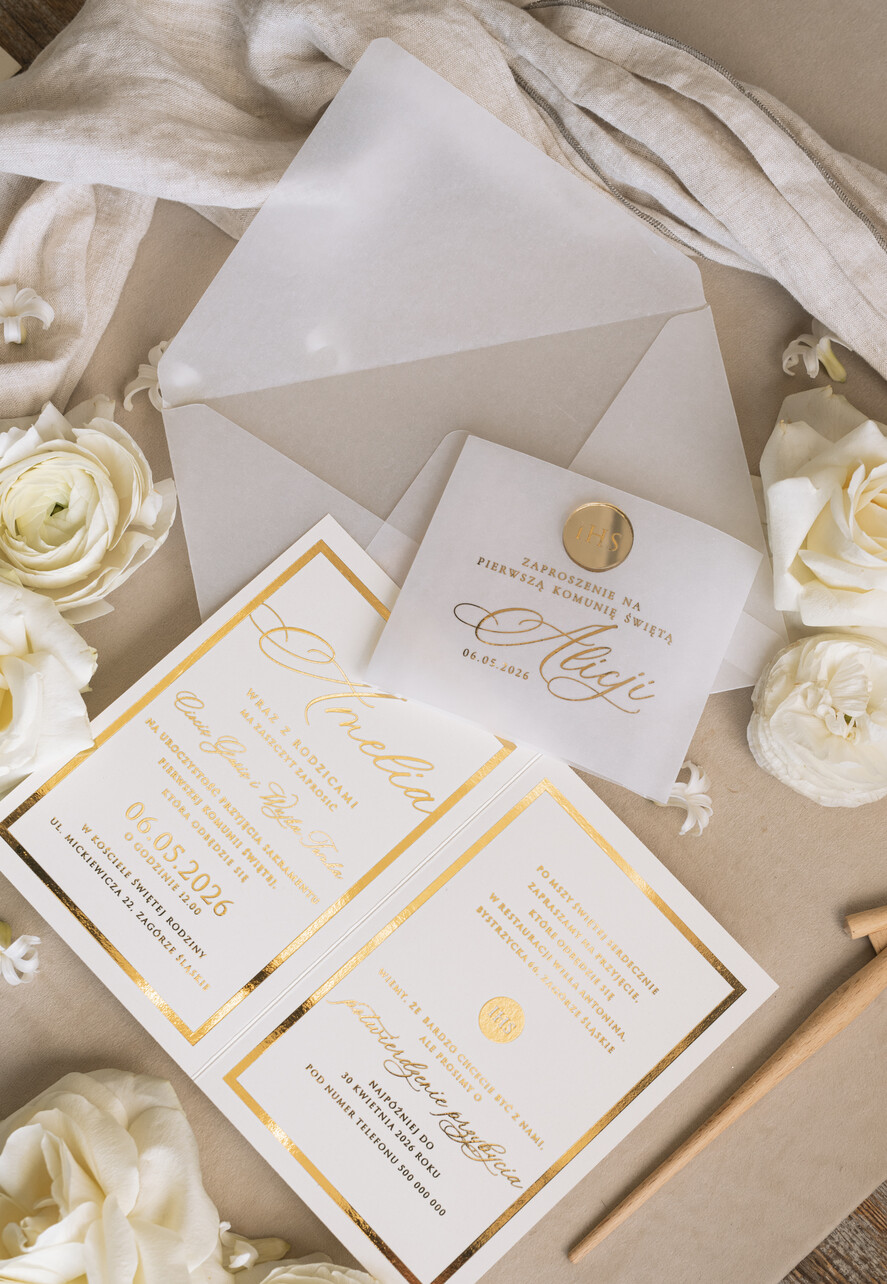 Zaproszenia na Komunię  dziewczynka  Złote Zaproszenia Komunijne Dla Dziewczynki, Zaproszenia Na Pierwszą Komunię ,Złote Zaproszenie Na Komunię, Składane złote zaproszenia komunijne2