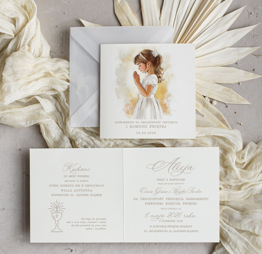 Zaproszenia na Komunię  dziewczynka  personalizowane zaproszenia Komunijne Eleganckie zaproszenia komunijne dla dziewczynki, proste zaproszenie na komunię Swiętą, zaproszenia na Pierwszą Komunie Świętą 0