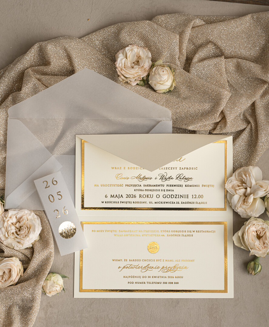 Zaproszenia na Komunię dla Dziewczynki dziewczynka  Eleganckie Zaproszenia Komunijne Dla Dziewczynki, Zaproszenia Na Pierwszą Komunię ,Złote Zaproszenia Na Komunię, Składane złote zaproszenia komunijne 1