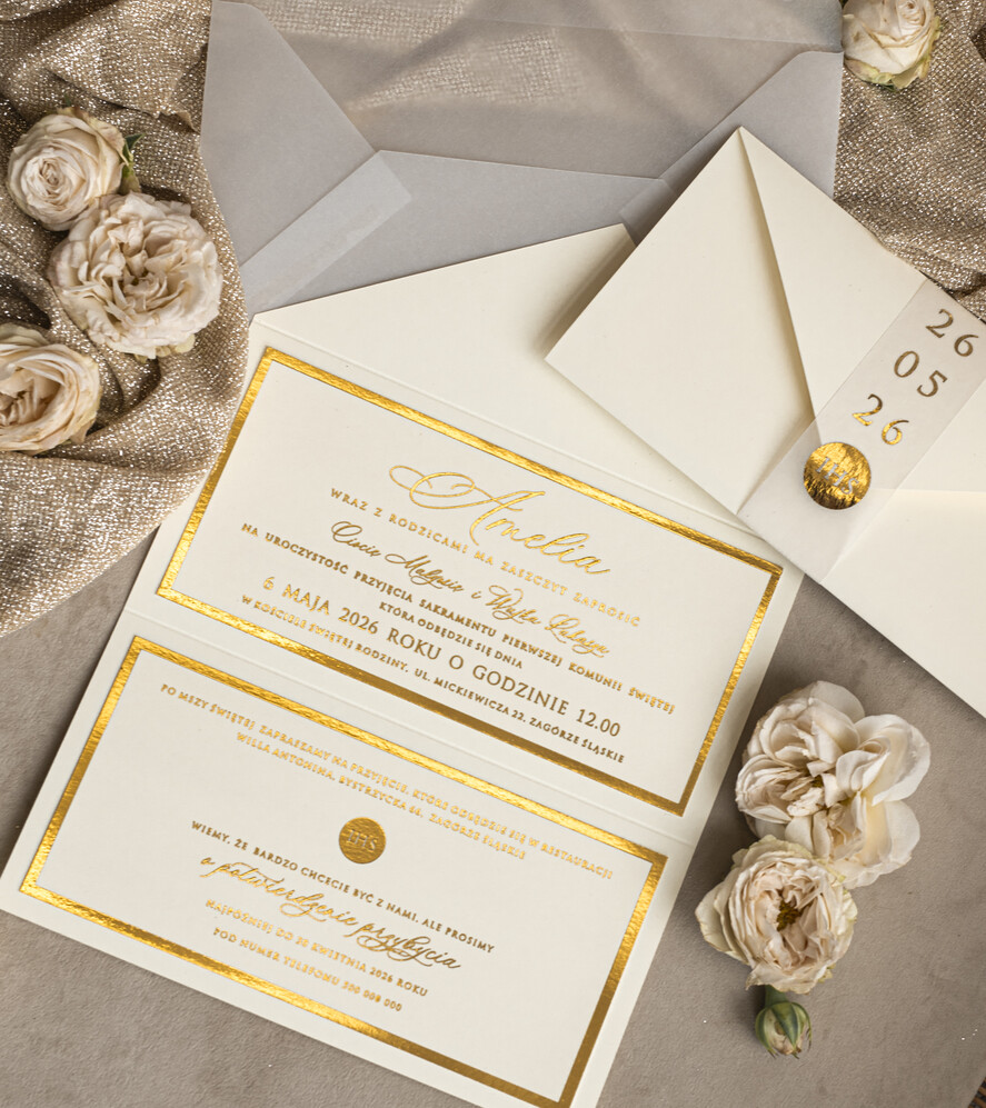 Zaproszenia na Komunię  dziewczynka  Eleganckie Zaproszenia Komunijne Dla Dziewczynki, Zaproszenia Na Pierwszą Komunię ,Złote Zaproszenia Na Komunię, Składane złote zaproszenia komunijne 6