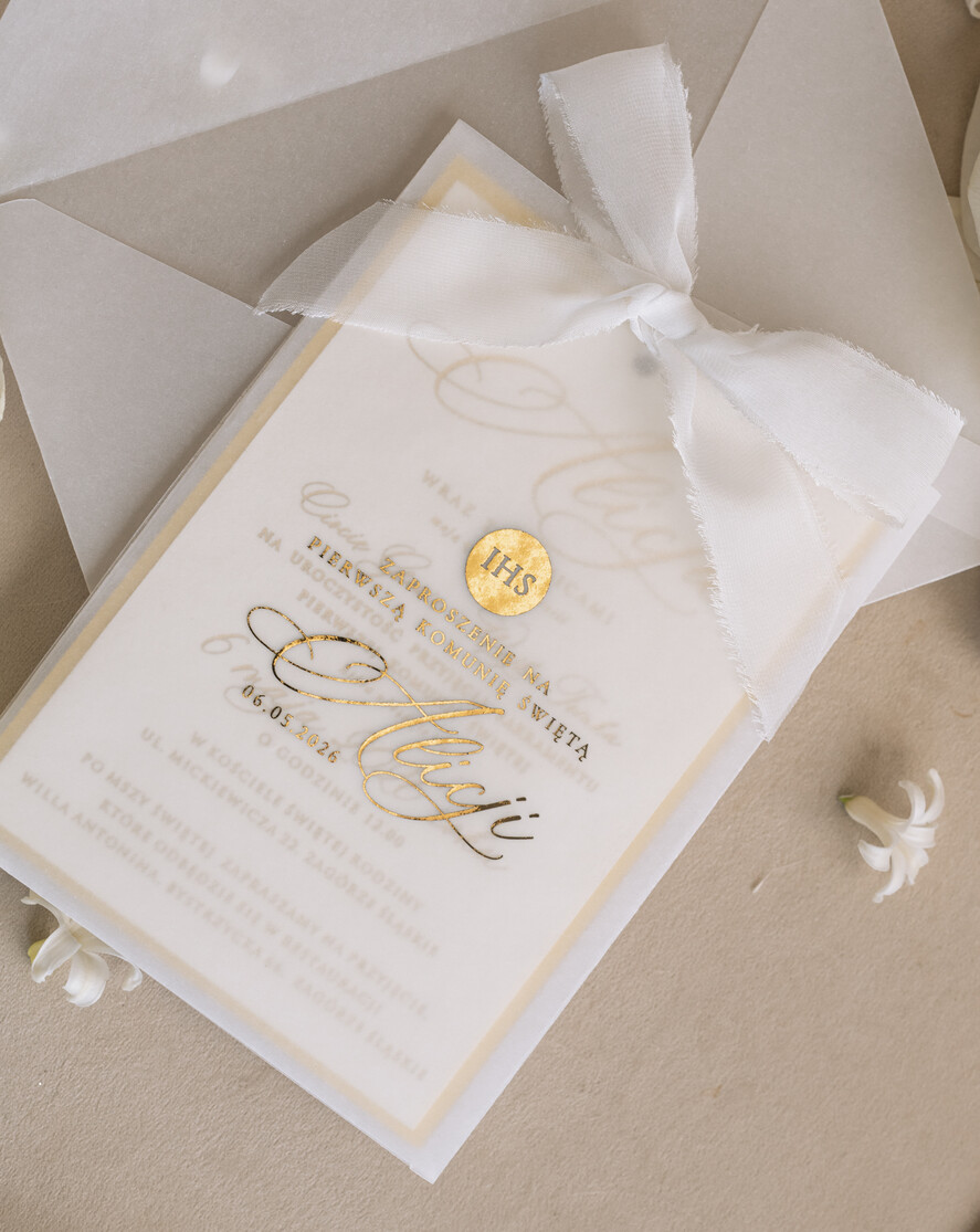 Zaproszenia na Komunię dla Dziewczynki dziewczynka  komunijne złote zaproszenia, zaproszenia na Pierwszą komunię w kieszonce ze wstążką, zaproszenie w kieszonce na komunię 1