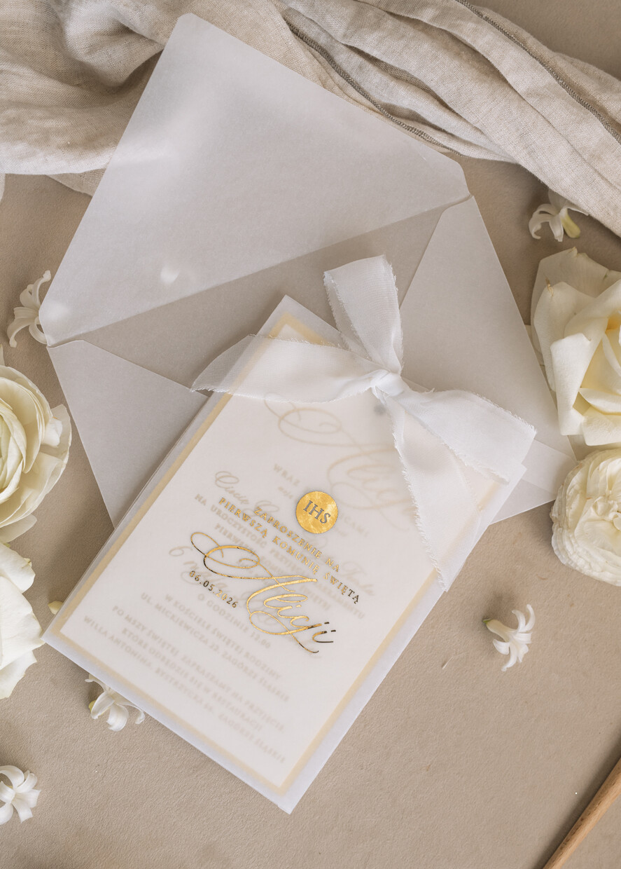 Zaproszenia na Komunię dla Dziewczynki dziewczynka  komunijne złote zaproszenia, zaproszenia na Pierwszą komunię w kieszonce ze wstążką, zaproszenie w kieszonce na komunię 2