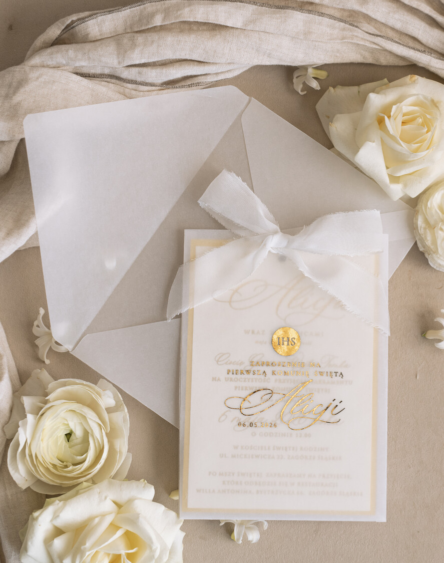 Zaproszenia na Komunię dla Dziewczynki dziewczynka  komunijne złote zaproszenia, zaproszenia na Pierwszą komunię w kieszonce ze wstążką, zaproszenie w kieszonce na komunię 3