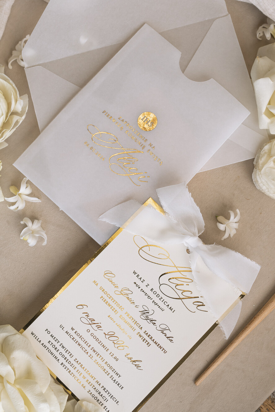 Zaproszenia na Komunię dla Dziewczynki dziewczynka  komunijne złote zaproszenia, zaproszenia na Pierwszą komunię w kieszonce ze wstążką, zaproszenie w kieszonce na komunię 4