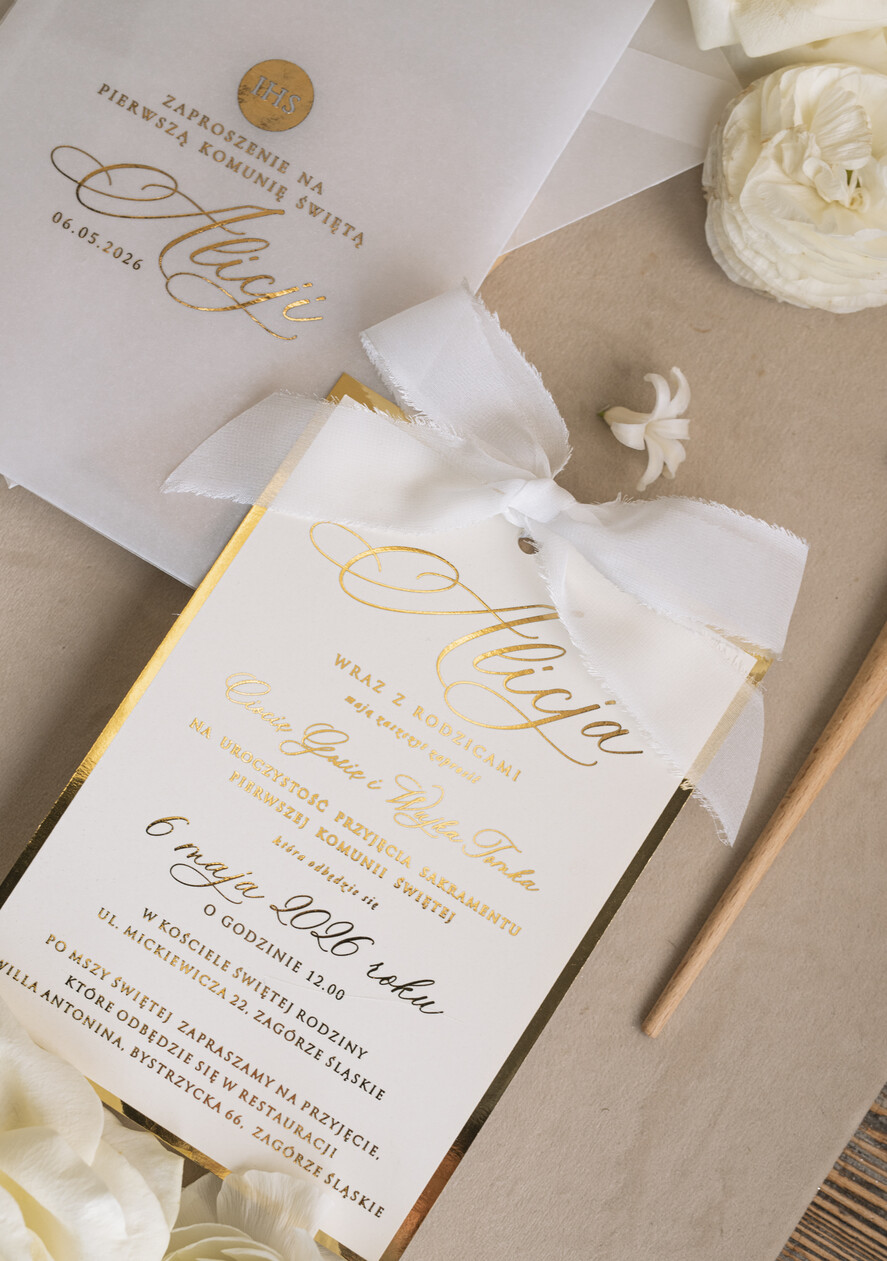 Zaproszenia na Komunię dla Dziewczynki dziewczynka  komunijne złote zaproszenia, zaproszenia na Pierwszą komunię w kieszonce ze wstążką, zaproszenie w kieszonce na komunię 5