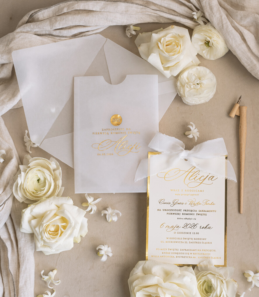 Zaproszenia na Komunię dla Dziewczynki dziewczynka  komunijne złote zaproszenia, zaproszenia na Pierwszą komunię w kieszonce ze wstążką, zaproszenie w kieszonce na komunię 8
