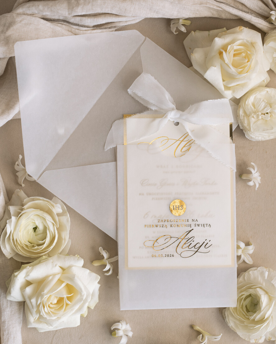 Zaproszenia na Komunię dla Dziewczynki dziewczynka  komunijne złote zaproszenia, zaproszenia na Pierwszą komunię w kieszonce ze wstążką, zaproszenie w kieszonce na komunię 0