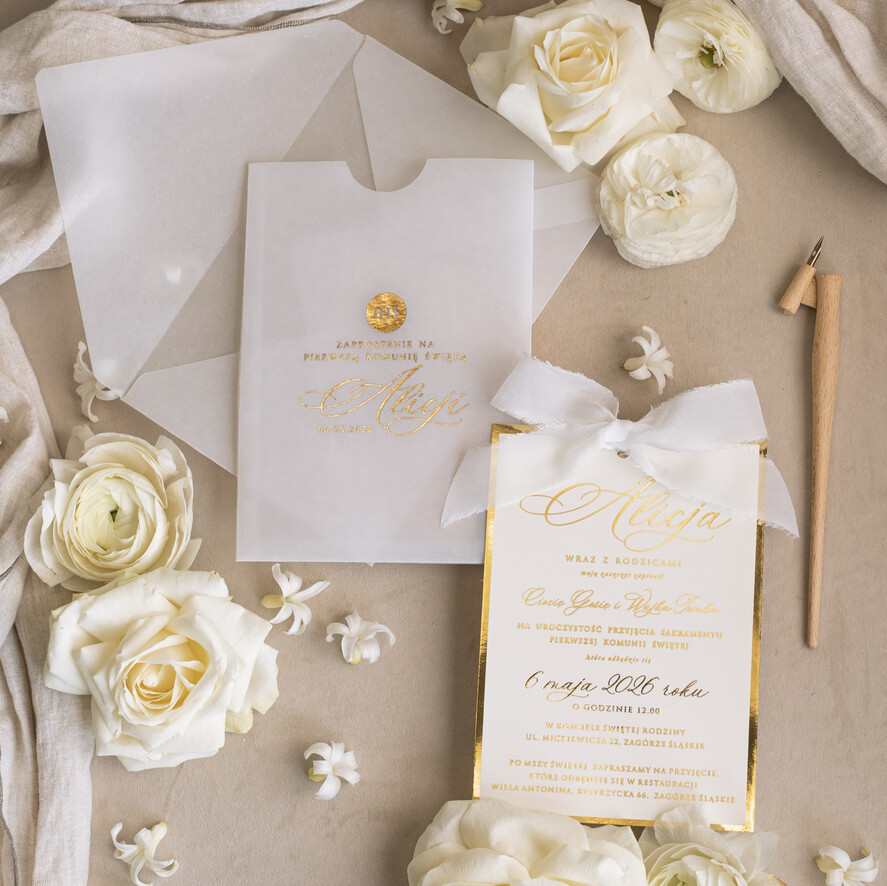 Zaproszenia na Komunię  dziewczynka  komunijne złote zaproszenia, zaproszenia na Pierwszą komunię w kieszonce ze wstążką, zaproszenie w kieszonce na komunię 7
