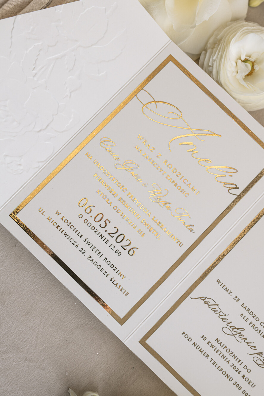 Zaproszenia na Komunię  dziewczynka  Nowoczesne zaproszenia na Komunię, Złote Zaproszenia na Komunię dla dziewczynki, Eleganckie zaproszenia Komunijne ze złotymi literami5