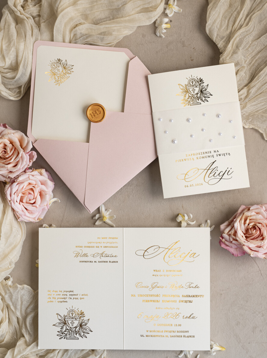Zaproszenia na Komunię dla Dziewczynki dziewczynka  perełkowe zaproszenia na komunię dla dziewczynki, ręcznie robione zaproszenia na komunię złote komunijne zaproszenia dla dziewczynki z perełkami 4
