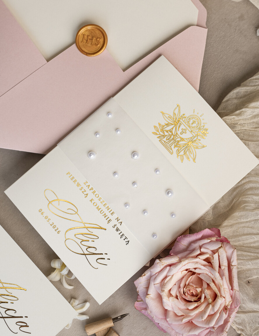 Zaproszenia na Komunię dla Dziewczynki dziewczynka  perełkowe zaproszenia na komunię dla dziewczynki, ręcznie robione zaproszenia na komunię złote komunijne zaproszenia dla dziewczynki z perełkami 5