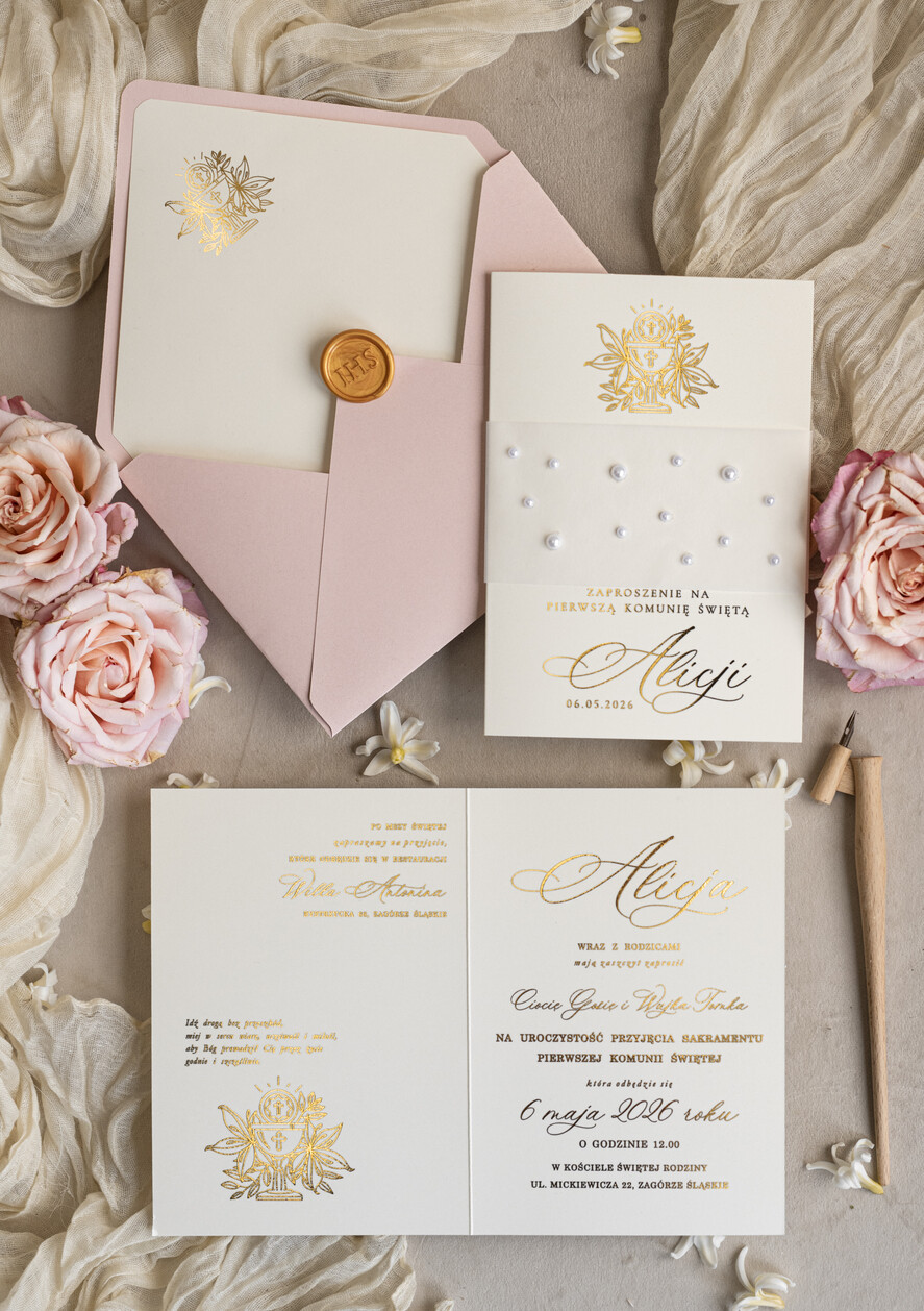 Zaproszenia na Komunię dla Dziewczynki dziewczynka  perełkowe zaproszenia na komunię dla dziewczynki, ręcznie robione zaproszenia na komunię złote komunijne zaproszenia dla dziewczynki z perełkami 6