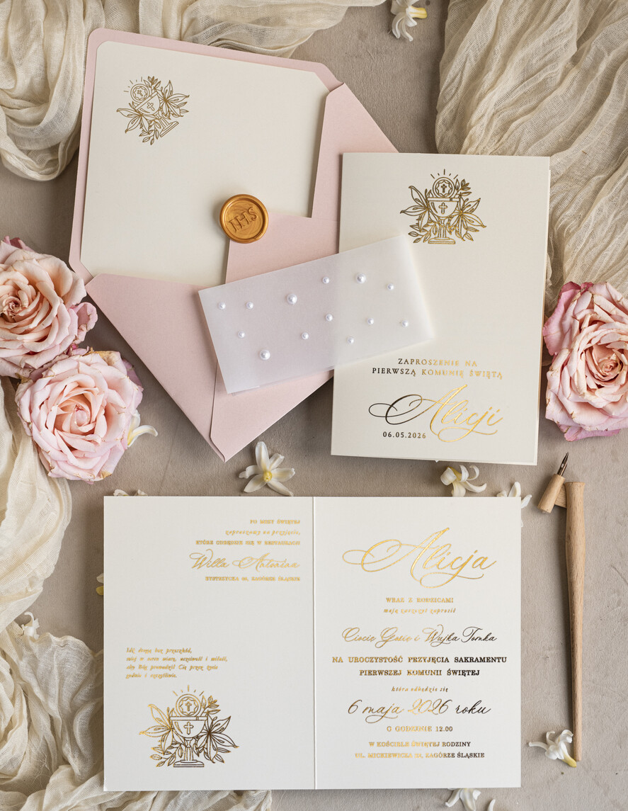 Zaproszenia na Komunię dla Dziewczynki dziewczynka  perełkowe zaproszenia na komunię dla dziewczynki, ręcznie robione zaproszenia na komunię złote komunijne zaproszenia dla dziewczynki z perełkami 7