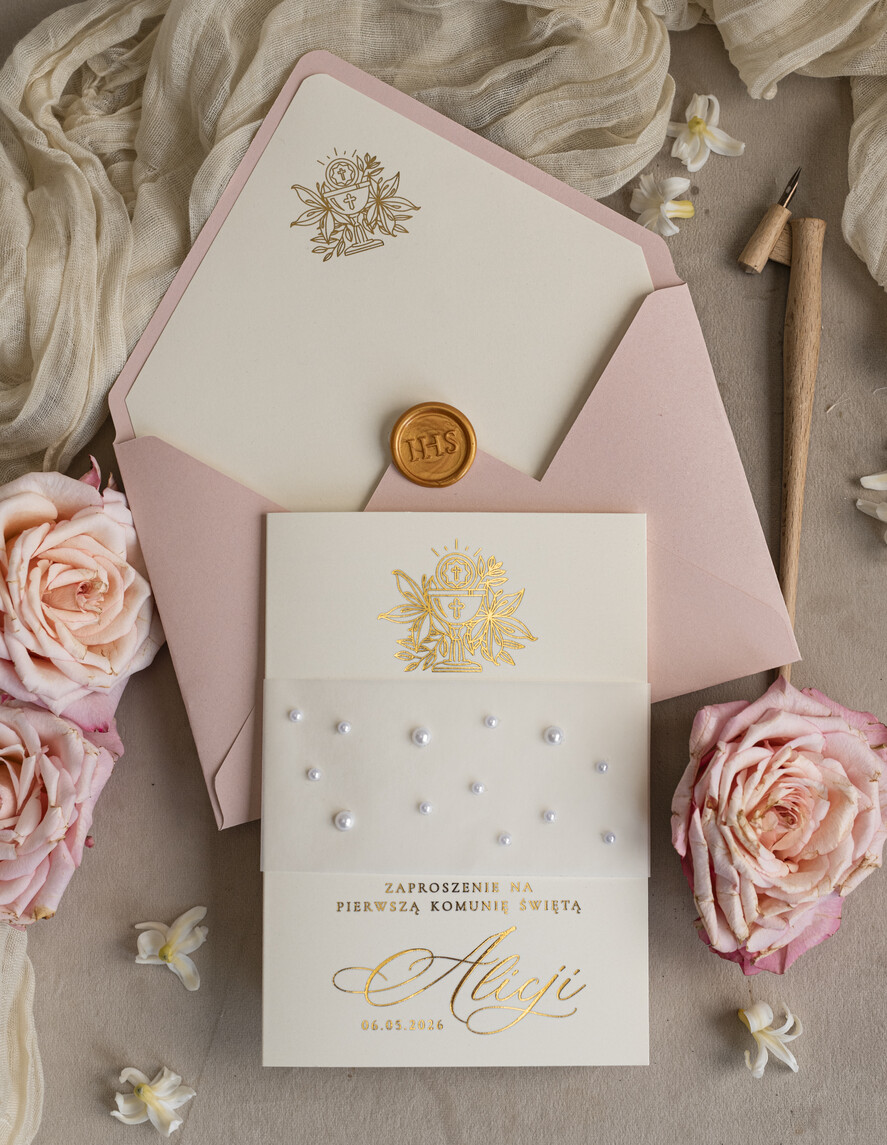 Zaproszenia na Komunię dla Dziewczynki dziewczynka  perełkowe zaproszenia na komunię dla dziewczynki, ręcznie robione zaproszenia na komunię złote komunijne zaproszenia dla dziewczynki z perełkami 8