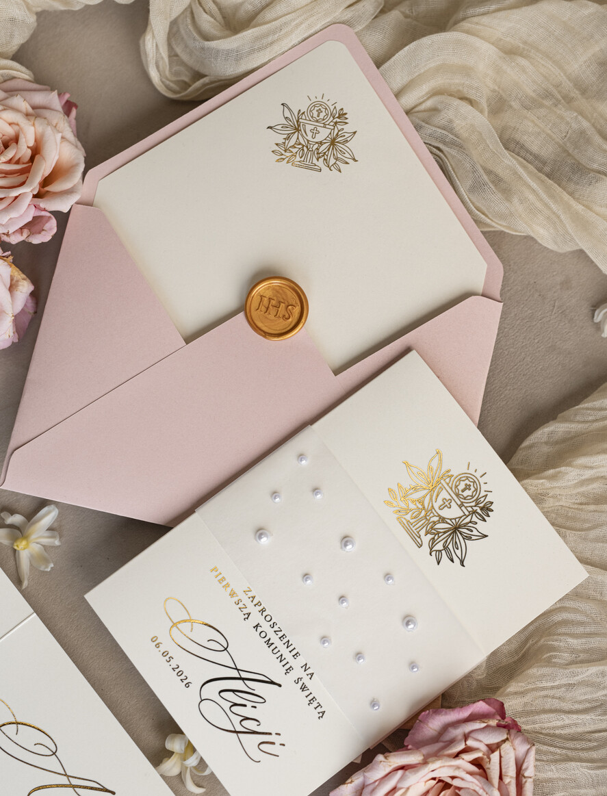 Zaproszenia na Komunię  dziewczynka  perełkowe zaproszenia na komunię dla dziewczynki, ręcznie robione zaproszenia na komunię złote komunijne zaproszenia dla dziewczynki z perełkami 1