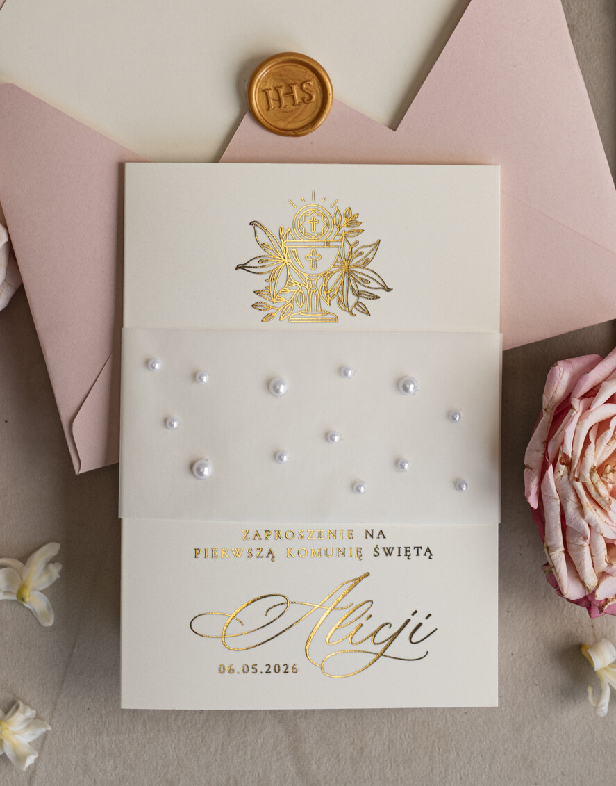 Zaproszenia na Komunię  dziewczynka  perełkowe zaproszenia na komunię dla dziewczynki, ręcznie robione zaproszenia na komunię złote komunijne zaproszenia dla dziewczynki z perełkami 0