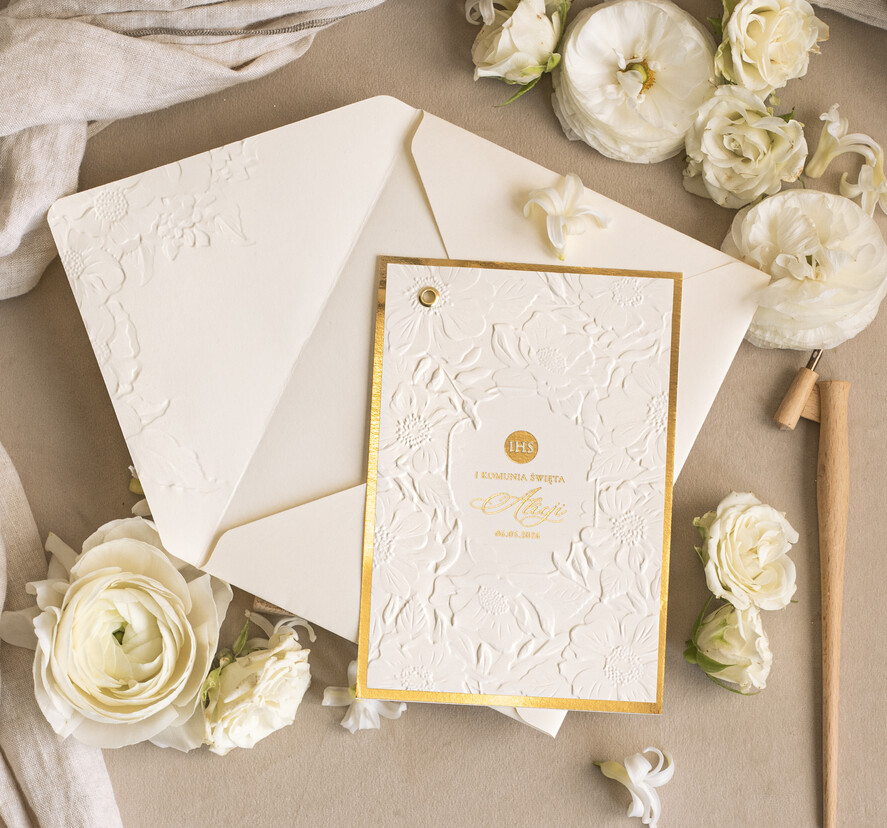 Zaproszenia na Komunię dla Dziewczynki dziewczynka  Oryginalne zaproszenia na Komunię, Tłoczone zaproszenia na Komunię, Złote Zaproszenia na Komunię dla dziewczynki, Eleganckie zaproszenia Komunijne ze złotymi literami7