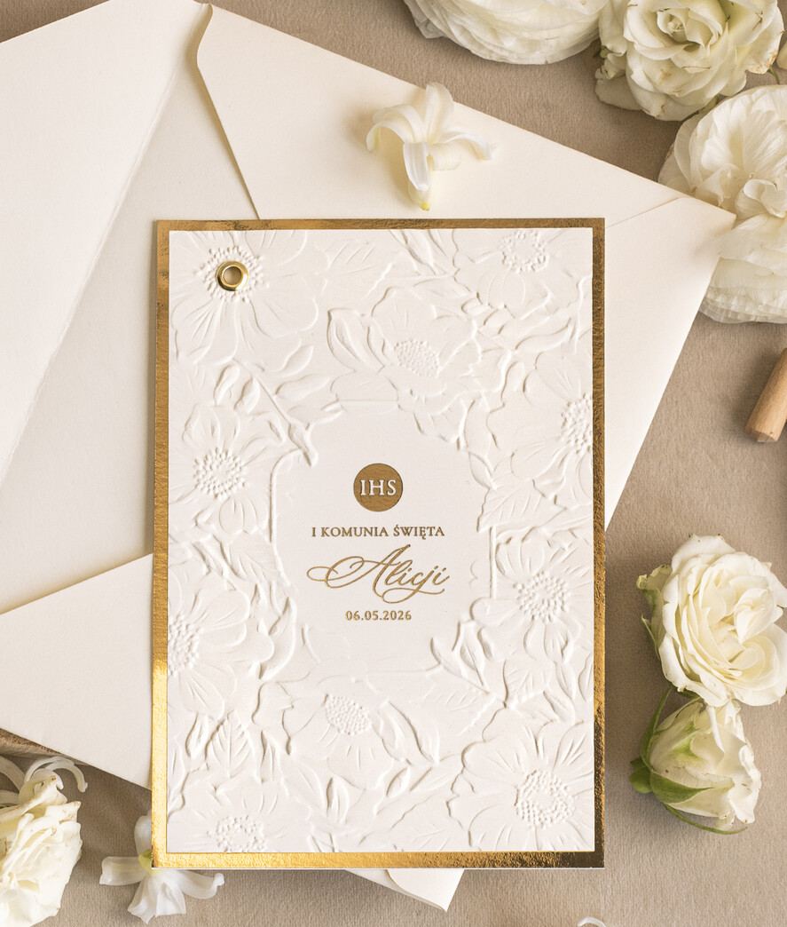Zaproszenia na Komunię dla Dziewczynki dziewczynka  Oryginalne zaproszenia na Komunię, Tłoczone zaproszenia na Komunię, Złote Zaproszenia na Komunię dla dziewczynki, Eleganckie zaproszenia Komunijne ze złotymi literami8
