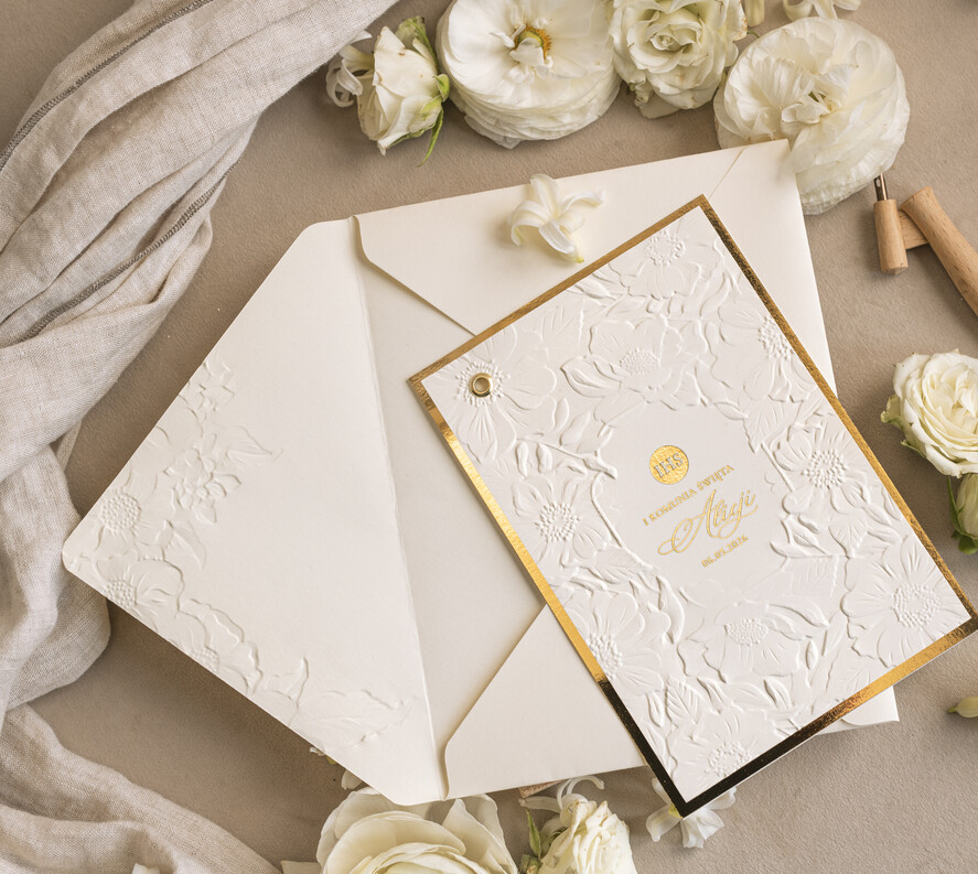 Zaproszenia na Komunię  dziewczynka  Oryginalne zaproszenia na Komunię, Tłoczone zaproszenia na Komunię, Złote Zaproszenia na Komunię dla dziewczynki, Eleganckie zaproszenia Komunijne ze złotymi literami10