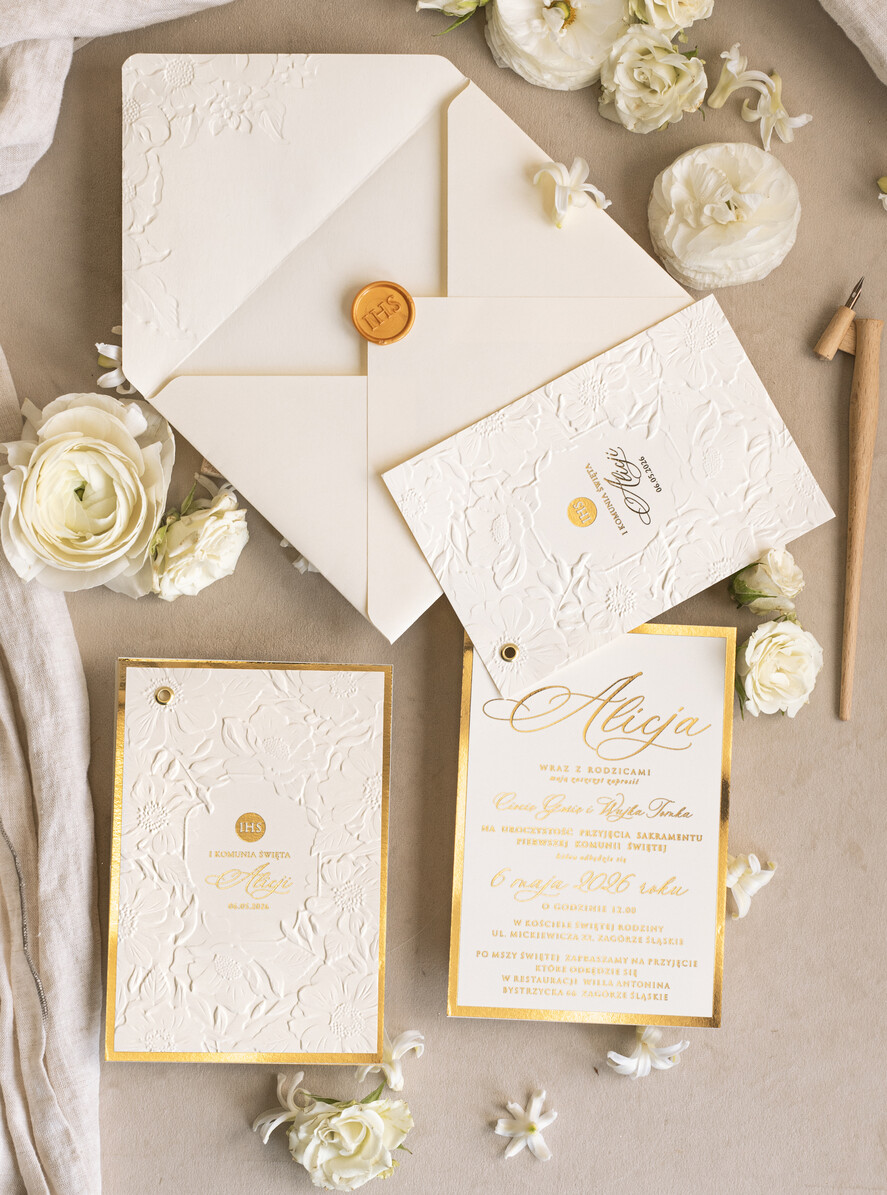 Zaproszenia na Komunię  dziewczynka  Oryginalne zaproszenia na Komunię, Tłoczone zaproszenia na Komunię, Złote Zaproszenia na Komunię dla dziewczynki, Eleganckie zaproszenia Komunijne ze złotymi literami6
