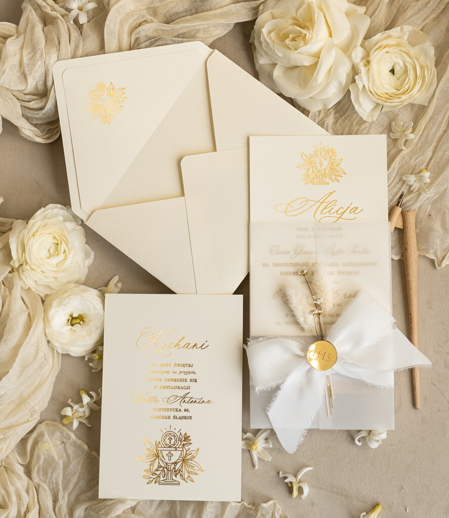Zaproszenia na Komunię  dziewczynka  Nietypowe zaproszenia komunijne z dmuszkiem dla dziewczynki, zaproszenia na komunię ze wstążką, złote zaproszenia na komunię, zaproszenia na Pierwszą Komunię4