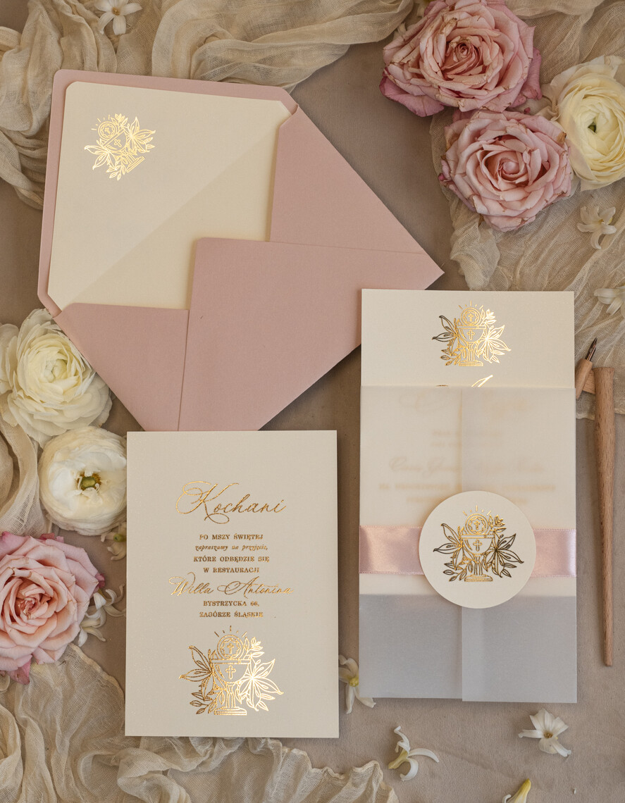 Zaproszenia na Komunię dla Dziewczynki dziewczynka  różowe delikatne zaproszenie Komunijne, eleganckie zaproszenia na Komunię , Złote Zaproszenia na Komunię dla dziewczynki, zaproszenia Komunijne ze złotymi literami3