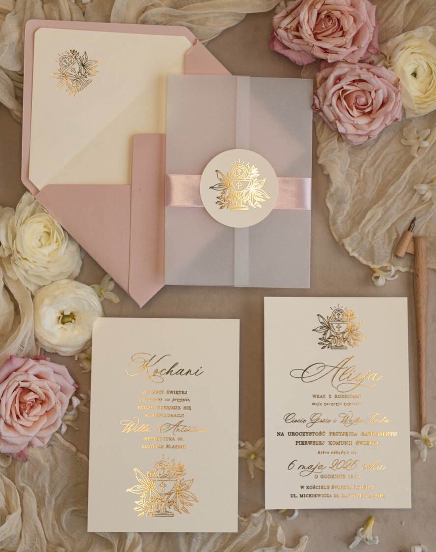 Zaproszenia na Komunię dla Dziewczynki dziewczynka  różowe delikatne zaproszenie Komunijne, eleganckie zaproszenia na Komunię , Złote Zaproszenia na Komunię dla dziewczynki, zaproszenia Komunijne ze złotymi literami4