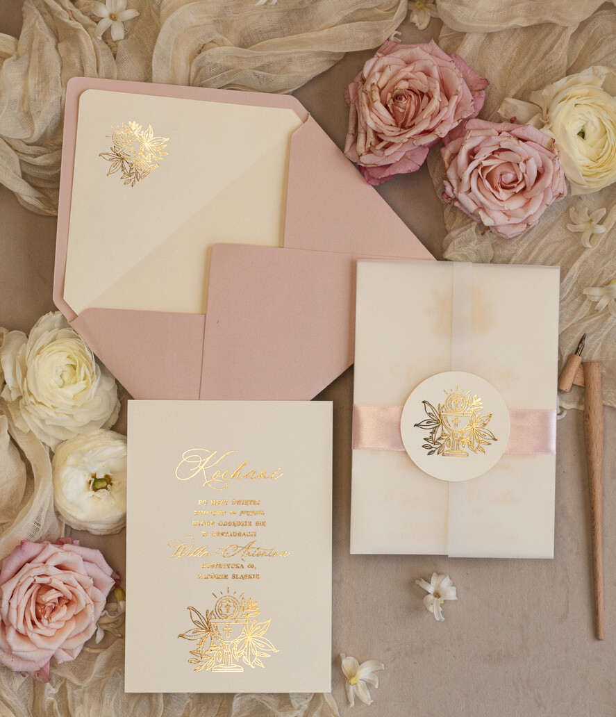 Zaproszenia na Komunię dla Dziewczynki dziewczynka  różowe delikatne zaproszenie Komunijne, eleganckie zaproszenia na Komunię , Złote Zaproszenia na Komunię dla dziewczynki, zaproszenia Komunijne ze złotymi literami5