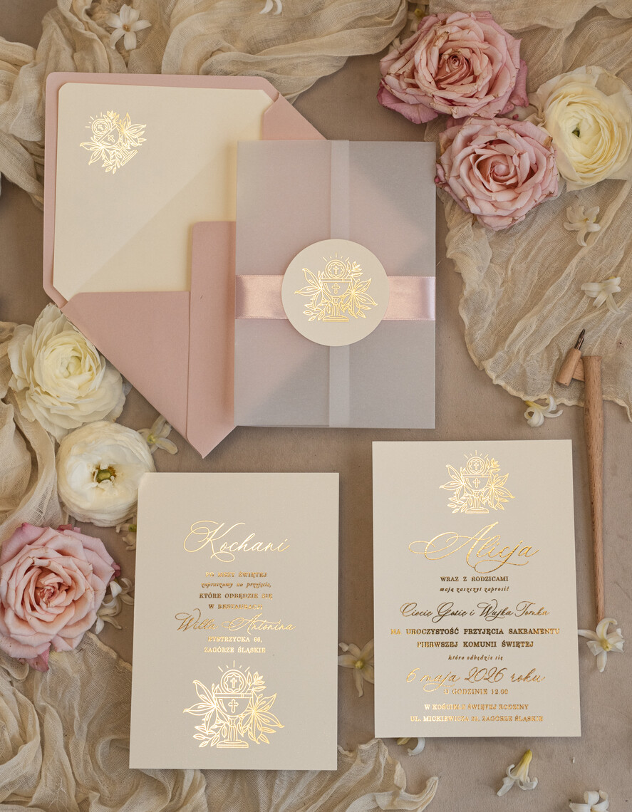 Zaproszenia na Komunię dla Dziewczynki dziewczynka  różowe delikatne zaproszenie Komunijne, eleganckie zaproszenia na Komunię , Złote Zaproszenia na Komunię dla dziewczynki, zaproszenia Komunijne ze złotymi literami7