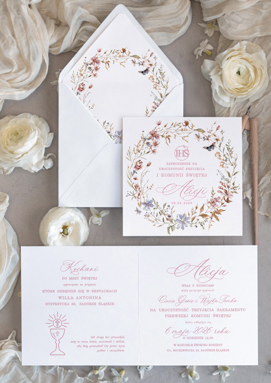 Zaproszenia na Komunię dla Dziewczynki dziewczynka  personalizowane zaproszenie Komunijne proste zaproszenia na komunię dla dziewczynki nowoczesne zaproszenia na komunię 1