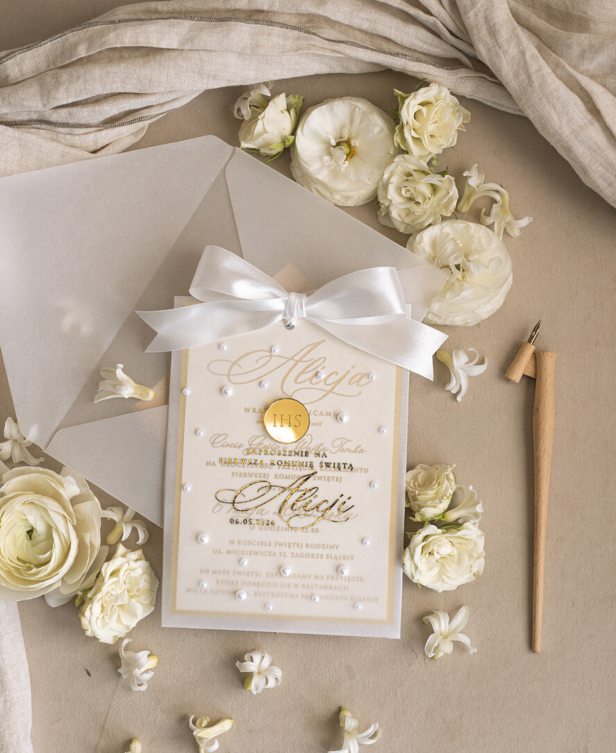 Zaproszenia na Komunię dla Dziewczynki dziewczynka  Perełkowe zaproszenia komunijne dla dziewczynki, zaproszenia na komunię z perełkami, złote zaproszenia na komunię, zaproszenia na Pierwszą Komunię8
