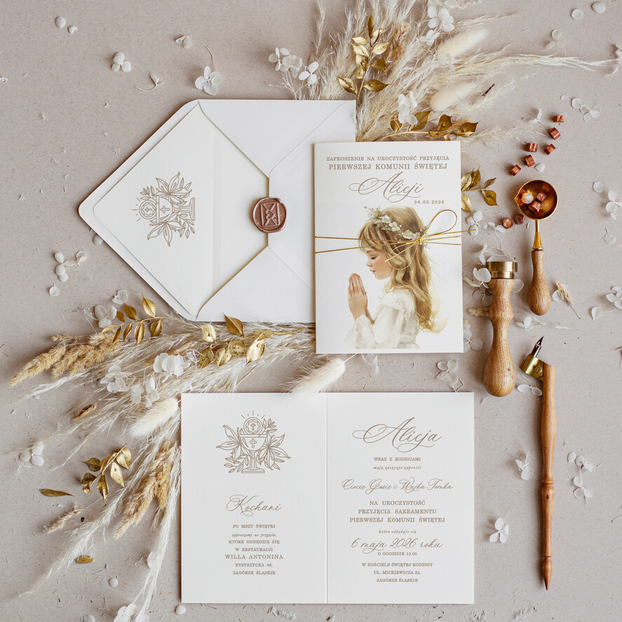 Zaproszenia na Komunię dla Dziewczynki dziewczynka  delikatne zaproszenie Komunijne proste zaproszenie na komunię dla dziewczynki zaproszenia na komunię ze sznurkiem zaproszenia na komunię personalizowane1