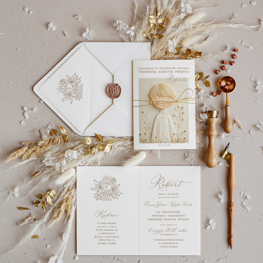 Zaproszenia na Komunię  chłopiec delikatne zaproszenia Komunijne proste zaproszenie na komunię dla chłopca zaproszenia na komunię ze sznurkiem zaproszenia na komunię personalizowane1