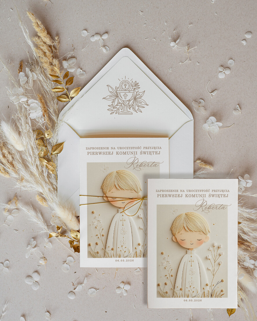 Zaproszenia na Komunię  chłopiec delikatne zaproszenia Komunijne proste zaproszenie na komunię dla chłopca zaproszenia na komunię ze sznurkiem zaproszenia na komunię personalizowane0