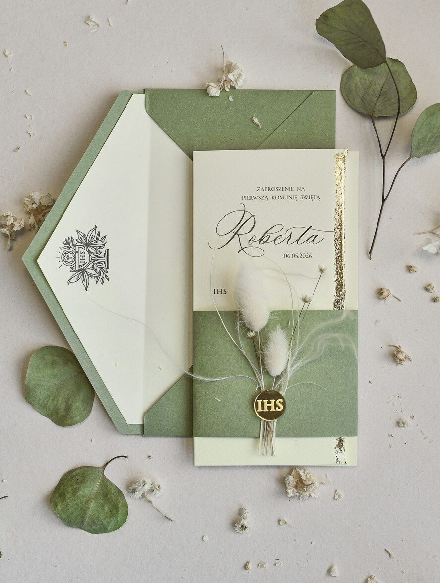 Zaproszenia na Komunię  chłopiec Podłużne szałwiowe złocone zaproszenia na Komunię nowoczesne   Zaproszenia komunijne personalizowane3