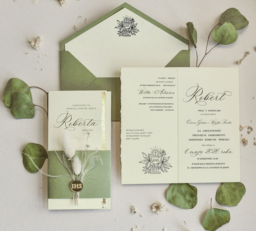 Zaproszenia na Komunię  chłopiec Podłużne szałwiowe złocone zaproszenia na Komunię nowoczesne   Zaproszenia komunijne personalizowane7