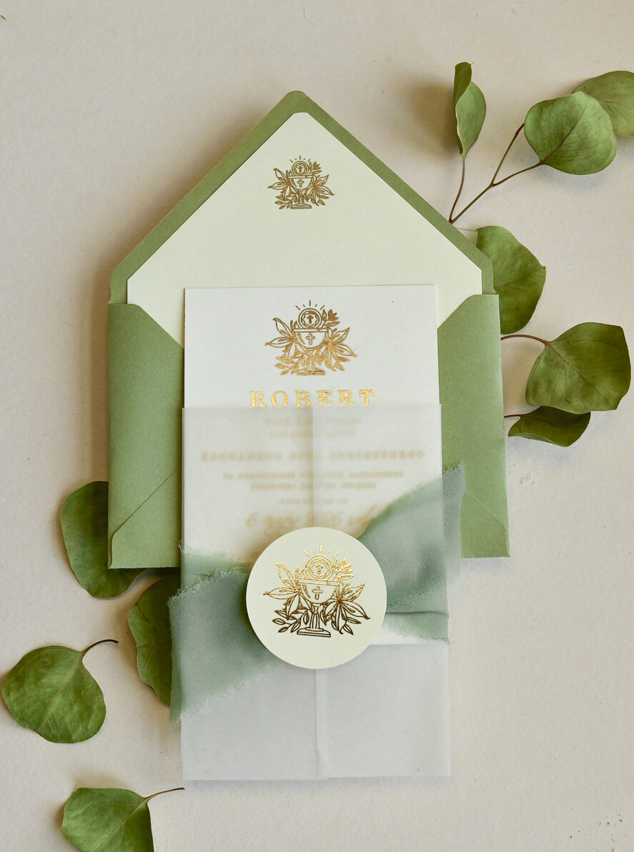 Zaproszenia na Komunię  chłopiec szałwiowe złocone zaproszenia na Komunię nowoczesne  Kalkowe Zaproszenia komunijne personalizowane1