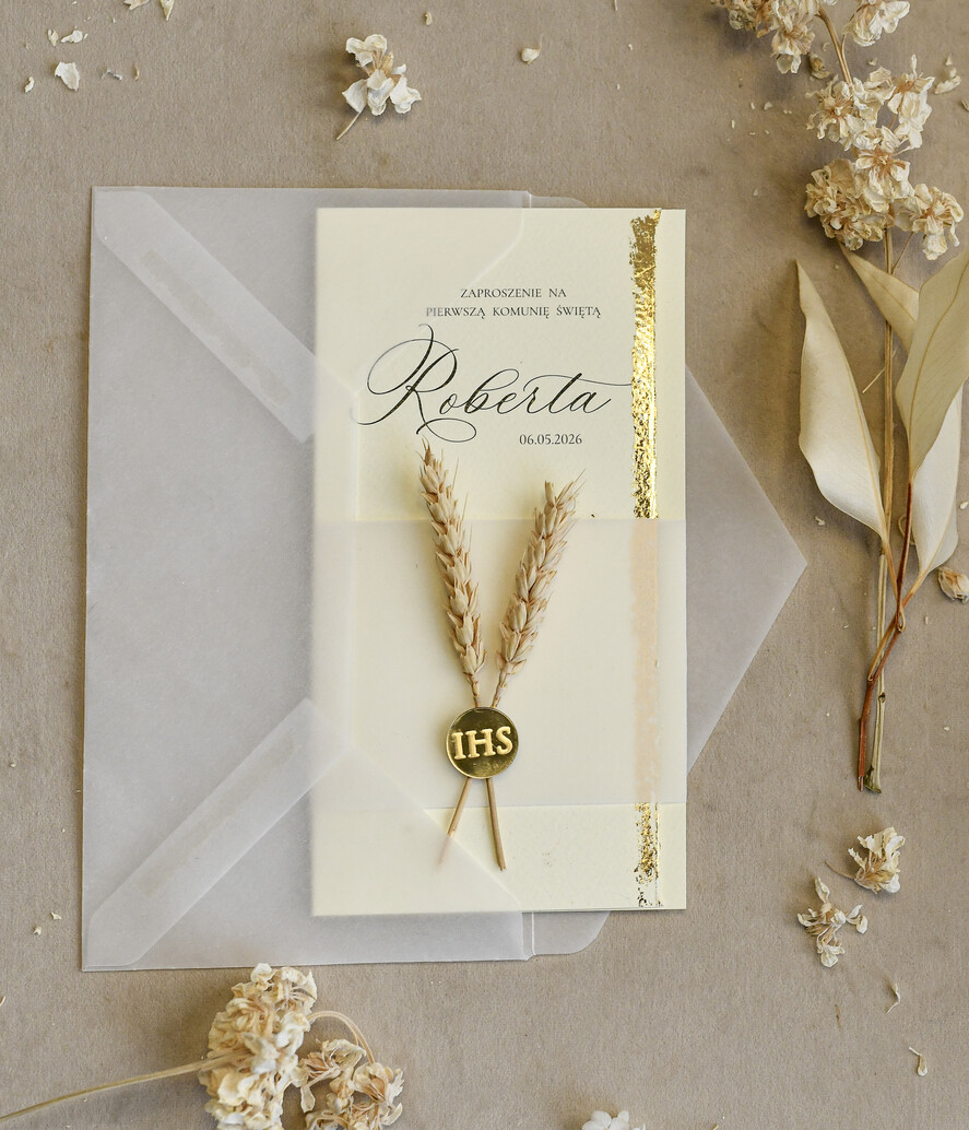 Zaproszenia na Komunię  chłopiec Podłużne złocone zaproszenia na Komunię nowoczesne   Zaproszenia komunijne personalizowane3