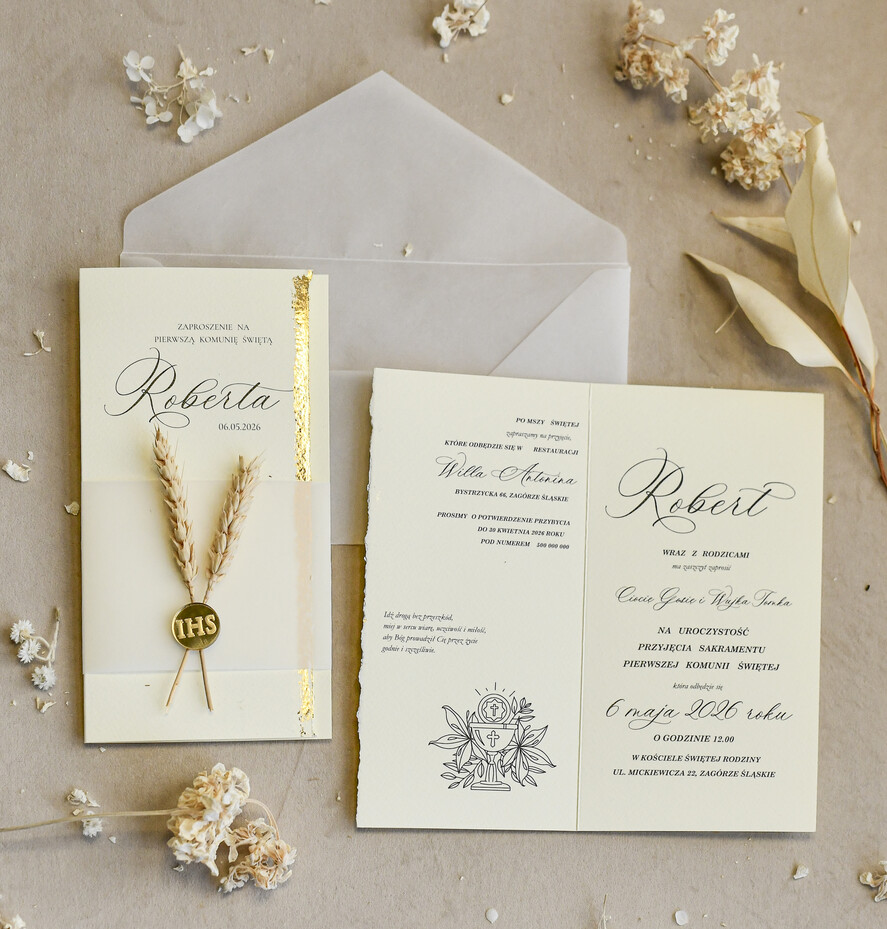 Zaproszenia na Komunię  chłopiec Podłużne złocone zaproszenia na Komunię nowoczesne   Zaproszenia komunijne personalizowane4