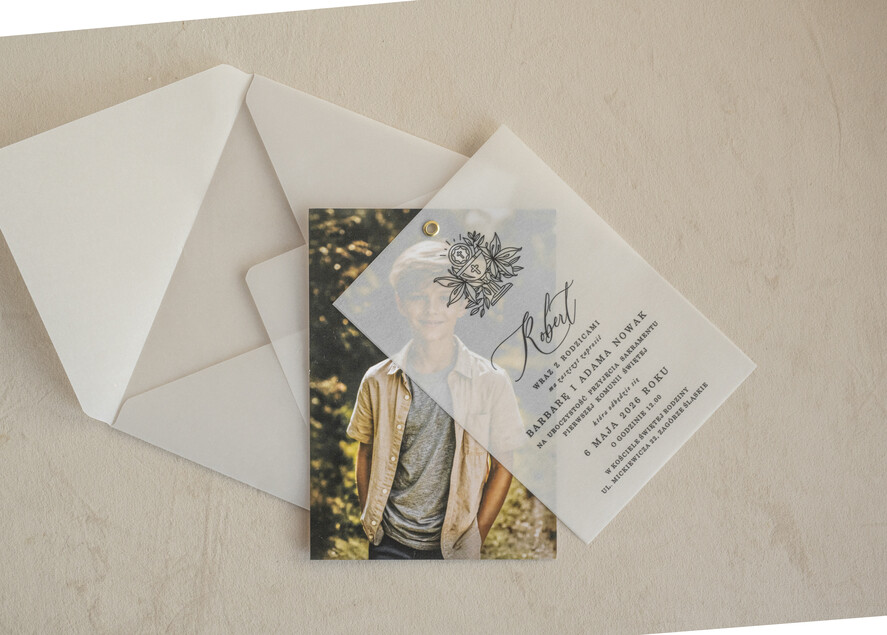 Zaproszenia na Komunię  chłopiec zaproszenia na Komunię ze zdjęciem  Kalkowe Zaproszenia komunijne personalizowane3