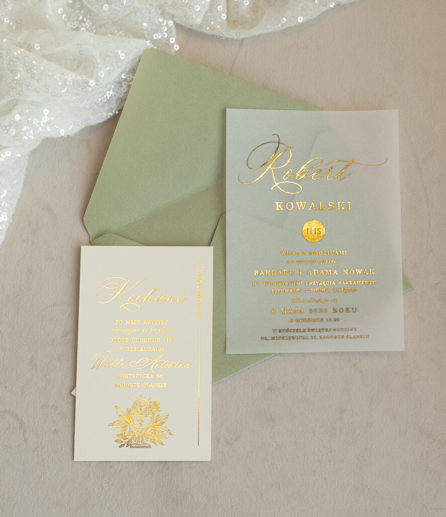 Zaproszenia na Komunię  chłopiec szałwiowe złocone zaproszenia na Komunię Kalkowe Zaproszenia komunijne personalizowane zaproszenia komunijne dla chłopca2
