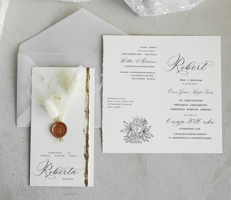 Zaproszenia na Komunię  chłopiec  złocone zaproszenia na Komunię  Kalkowe Zaproszenie komunijne personalizowane3