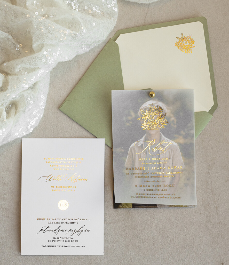 Zaproszenia na Komunię  chłopiec szałwiowe złocone zaproszenia na Komunię ze zdjęciem  Kalkowe Zaproszenia komunijne personalizowane2