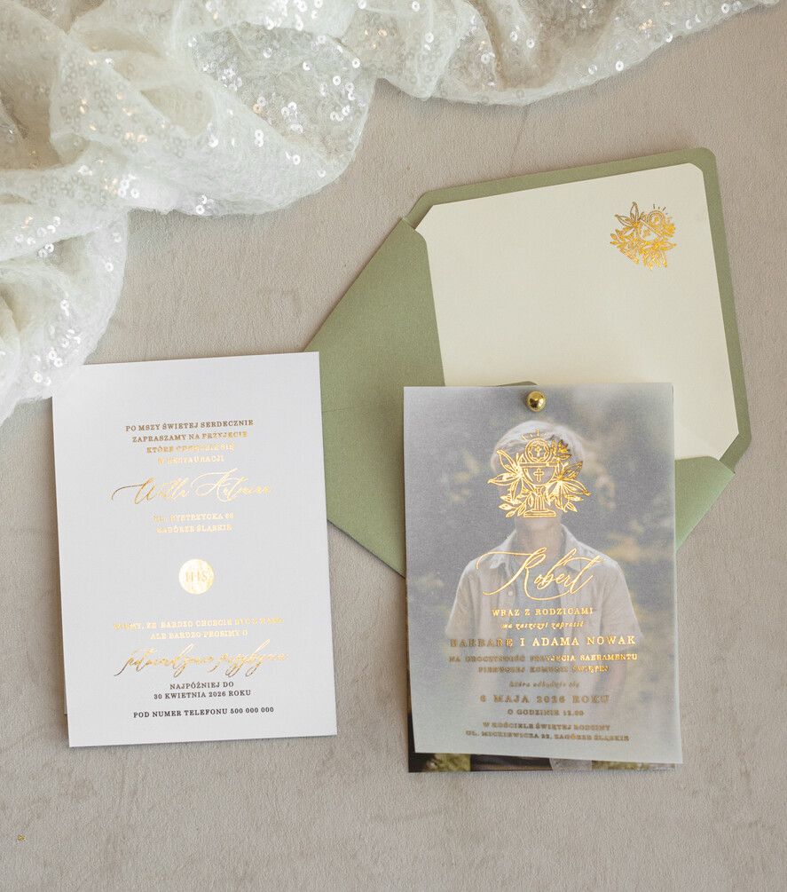 Zaproszenia na Komunię  chłopiec szałwiowe złocone zaproszenia na Komunię ze zdjęciem  Kalkowe Zaproszenia komunijne personalizowane3