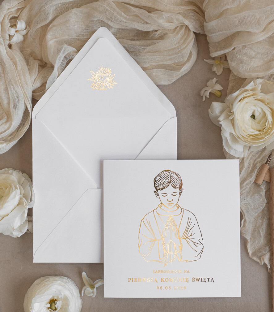 Zaproszenia na Komunię dla Chłopca chłopiec złote lub srebrne ręcznie robione zaroszenia komunijne nietypowe zaproszenie na komunie personalizowane zaproszenia Komunijne proste zaproszenie na komunię dla chłopca1