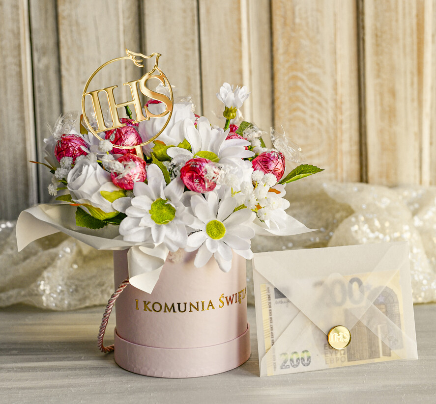 Pamiątki Prezenty na komunię  boxy prezentowe Zestaw Prezentowy od Chrzestnych na Pierwszą komunię Pralinki, Flowerbox Komunijny opakowanie na pieniądze1